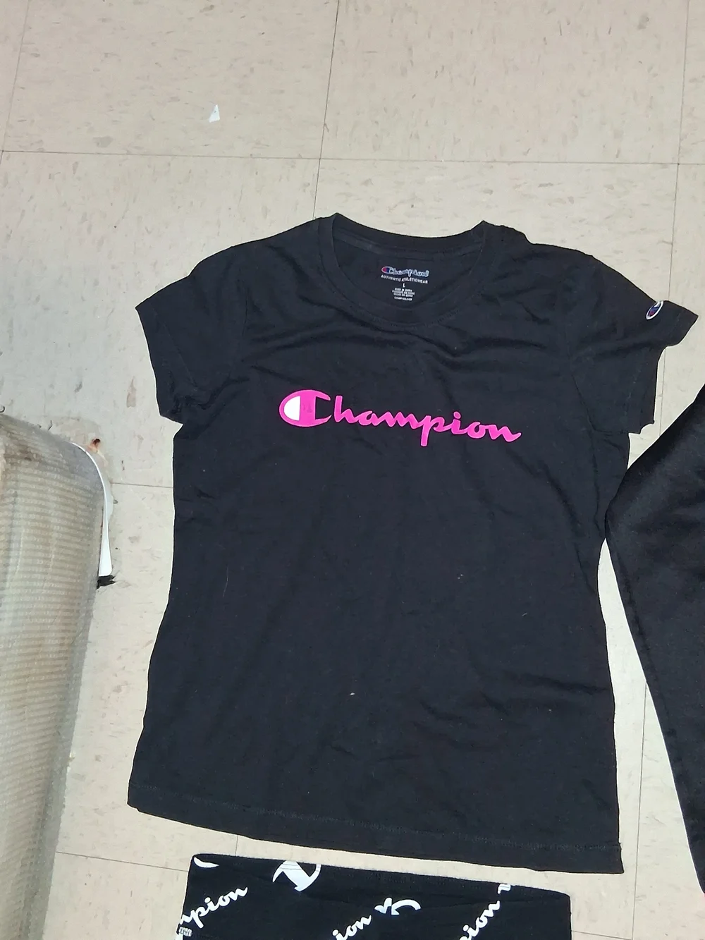 Champion Black Logo Tee & Logo Leggings Set with Hooded Pullover